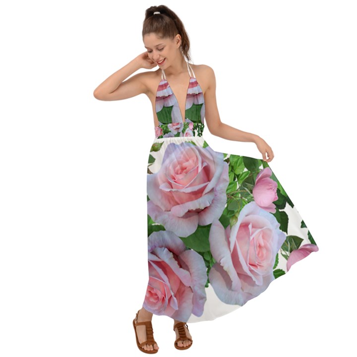 Roses Pink Flowers Leaves Backless Maxi Beach Dress