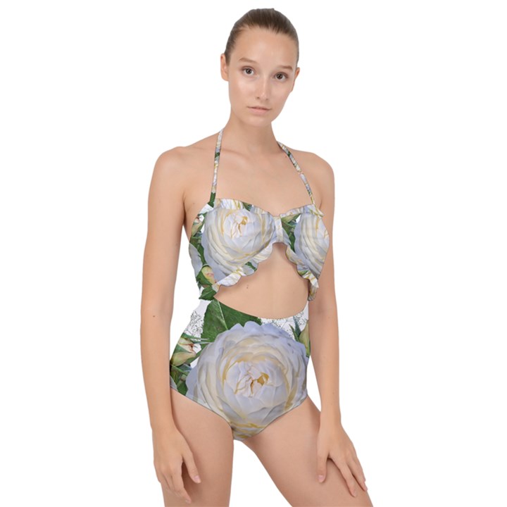 Flowers Roses White Fragrant Scallop Top Cut Out Swimsuit