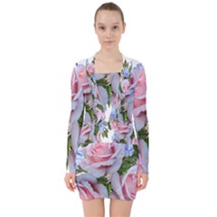 Roses Plumbago Flowers Fragrant V-neck Bodycon Long Sleeve Dress by Pakrebo