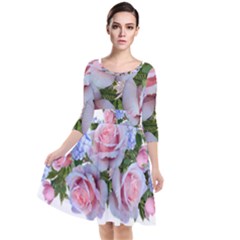 Roses Plumbago Flowers Fragrant Quarter Sleeve Waist Band Dress by Pakrebo