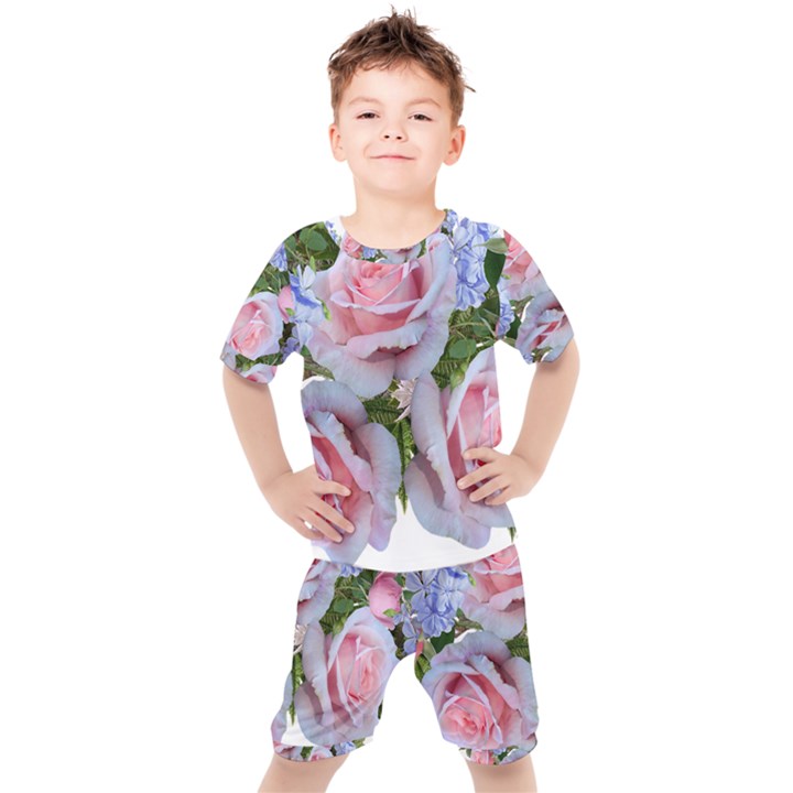 Roses Plumbago Flowers Fragrant Kids  Tee and Shorts Set