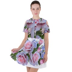 Roses Plumbago Flowers Fragrant Short Sleeve Shoulder Cut Out Dress  by Pakrebo