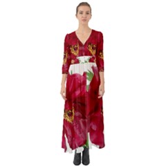 Flowers Red Peony Arrangement Button Up Boho Maxi Dress by Pakrebo