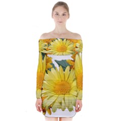 Daisies Flowers Yellow Arrangement Long Sleeve Off Shoulder Dress by Pakrebo