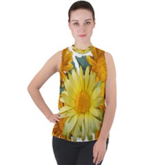 Daisies Flowers Yellow Arrangement Mock Neck Chiffon Sleeveless Top by Pakrebo