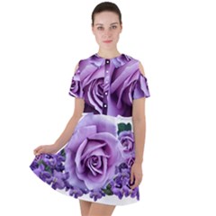 Roses Violets Flowers Arrangement Short Sleeve Shoulder Cut Out Dress  by Pakrebo