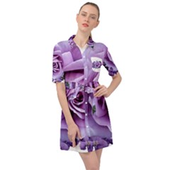 Roses Violets Flowers Arrangement Belted Shirt Dress by Pakrebo