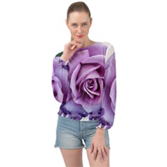 Roses Violets Flowers Arrangement Banded Bottom Chiffon Top