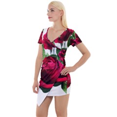 Roses Flowers Red Romantic Garden Short Sleeve Asymmetric Mini Dress by Pakrebo