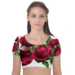 Roses Flowers Red Romantic Garden Velvet Short Sleeve Crop Top  by Pakrebo