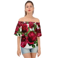 Roses Flowers Red Romantic Garden Off Shoulder Short Sleeve Top by Pakrebo