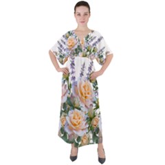 Roses Flowers Salvias Arrangement V-neck Boho Style Maxi Dress