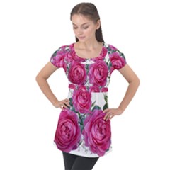 Roses Gypsophila Flowers Fragrant Puff Sleeve Tunic Top by Pakrebo