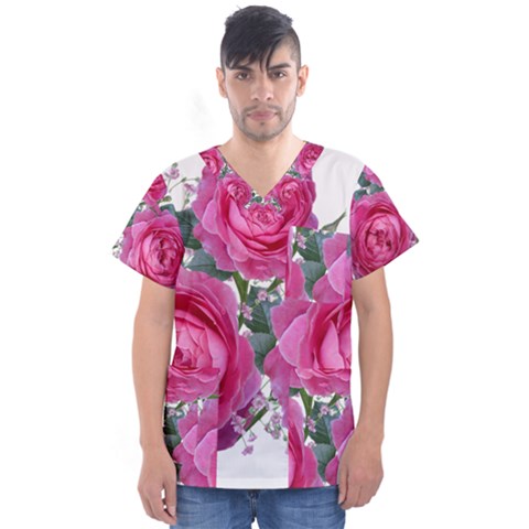 Roses Gypsophila Flowers Fragrant Men s V-neck Scrub Top by Pakrebo