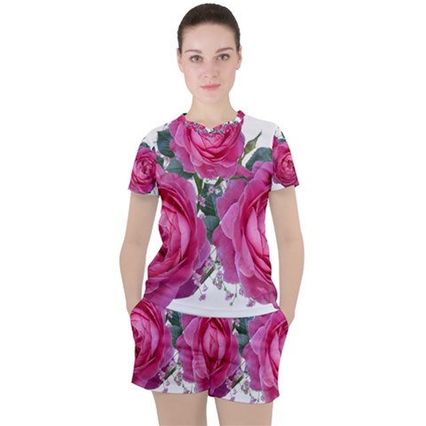 Roses Gypsophila Flowers Fragrant Women s Tee And Shorts Set by Pakrebo