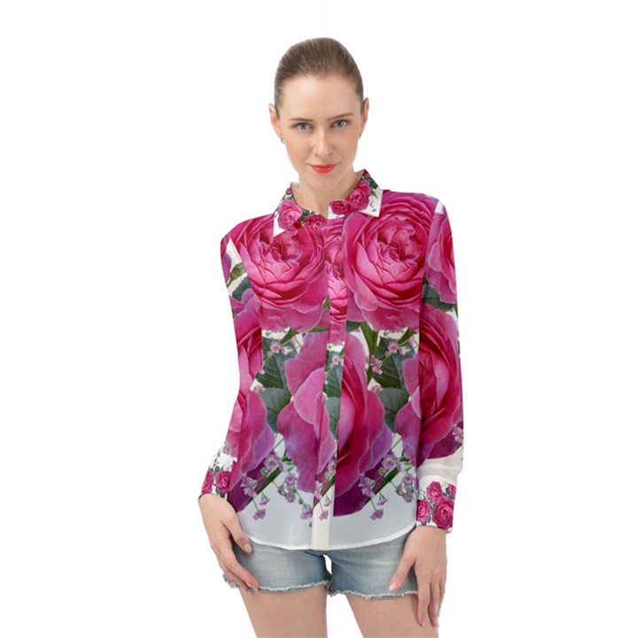 Roses Gypsophila Flowers Fragrant Long Sleeve Chiffon Shirt