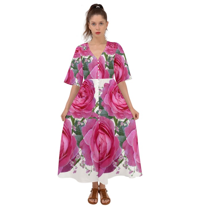 Roses Gypsophila Flowers Fragrant Kimono Sleeve Boho Dress