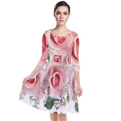 Roses Flowers Wax Flowers Quarter Sleeve Waist Band Dress by Pakrebo