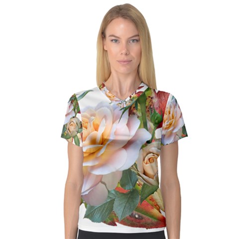 Autumn Leaves Roses Flowers Garden V-neck Sport Mesh Tee by Pakrebo