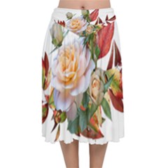 Autumn Leaves Roses Flowers Garden Velvet Flared Midi Skirt