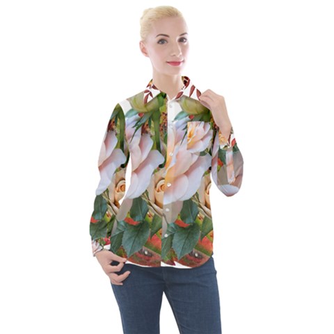 Autumn Leaves Roses Flowers Garden Women s Long Sleeve Pocket Shirt by Pakrebo