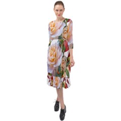 Autumn Leaves Roses Flowers Garden Ruffle End Midi Chiffon Dress