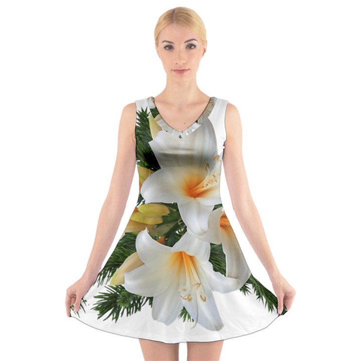 Lilies Belladonna White Flowers V-Neck Sleeveless Dress