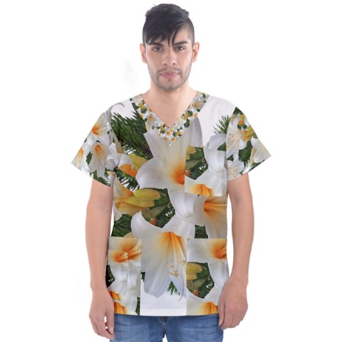 Lilies Belladonna White Flowers Men s V-neck Scrub Top by Pakrebo