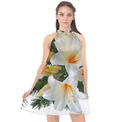 Lilies Belladonna White Flowers Halter Neckline Chiffon Dress 