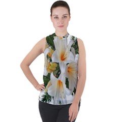 Lilies Belladonna White Flowers Mock Neck Chiffon Sleeveless Top