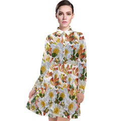 Flowers Roses Leaves Autumn Long Sleeve Chiffon Shirt Dress