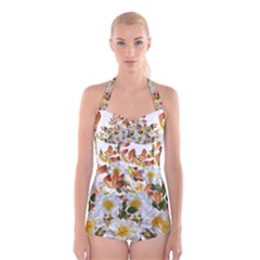 Flowers Roses Leaves Autumn Boyleg Halter Swimsuit  by Pakrebo