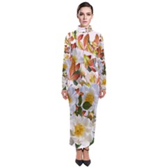 Flowers Roses Leaves Autumn Turtleneck Maxi Dress