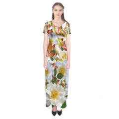 Flowers Roses Leaves Autumn Short Sleeve Maxi Dress