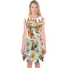 Flowers Roses Leaves Autumn Capsleeve Midi Dress