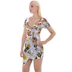 Flowers Roses Leaves Autumn Short Sleeve Asymmetric Mini Dress