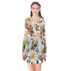 Flowers Roses Leaves Autumn Long Sleeve V-neck Flare Dress