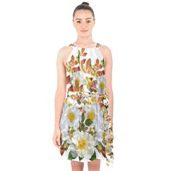 Flowers Roses Leaves Autumn Halter Collar Waist Tie Chiffon Dress