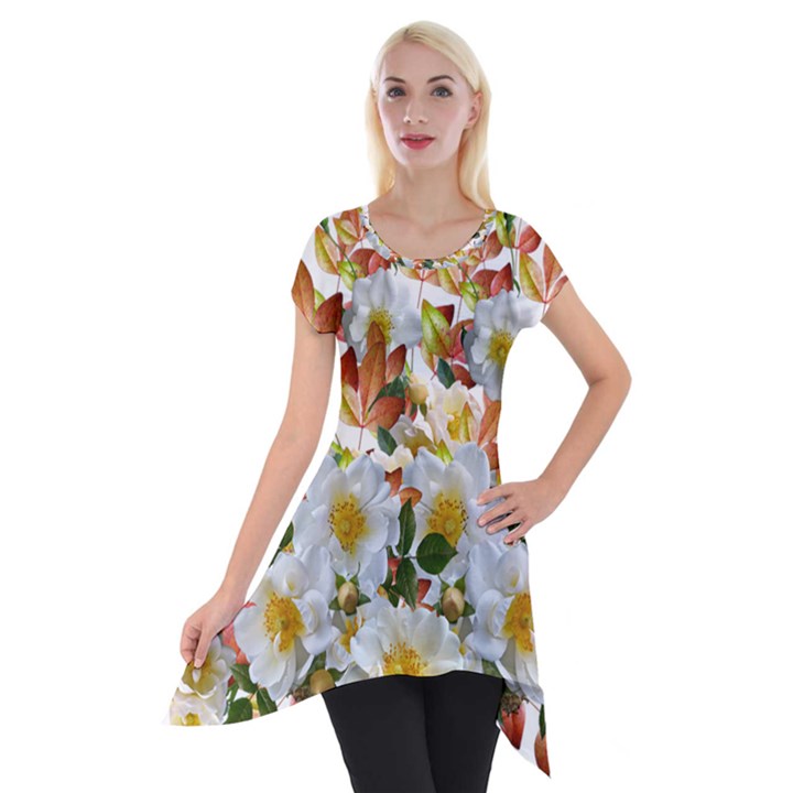 Flowers Roses Leaves Autumn Short Sleeve Side Drop Tunic