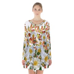 Flowers Roses Leaves Autumn Long Sleeve Velvet V-neck Dress