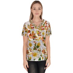 Flowers Roses Leaves Autumn Women s V-neck Scrub Top