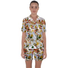 Flowers Roses Leaves Autumn Satin Short Sleeve Pyjamas Set