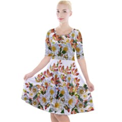 Flowers Roses Leaves Autumn Quarter Sleeve A-line Dress