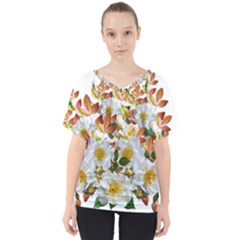 Flowers Roses Leaves Autumn V-neck Dolman Drape Top by Pakrebo