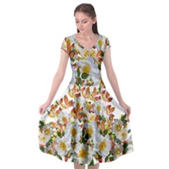 Flowers Roses Leaves Autumn Cap Sleeve Wrap Front Dress