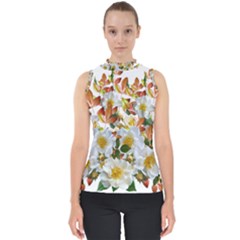 Flowers Roses Leaves Autumn Mock Neck Shell Top