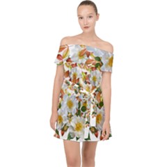 Flowers Roses Leaves Autumn Off Shoulder Chiffon Dress