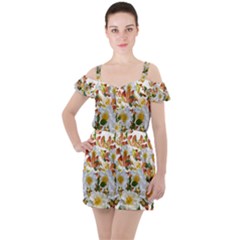 Flowers Roses Leaves Autumn Ruffle Cut Out Chiffon Playsuit