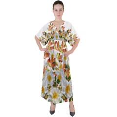 Flowers Roses Leaves Autumn V-neck Boho Style Maxi Dress