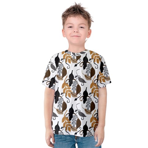 Gray Brown Black Neutral Leaves Kids  Cotton Tee by bloomingvinedesign